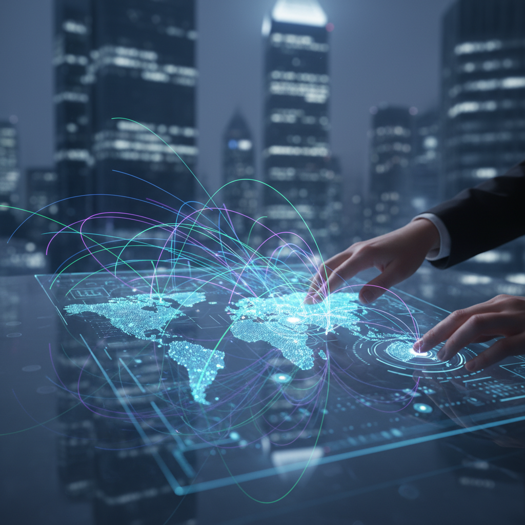 A glowing digital network connecting abstract technology hubs on a global map, with professional hands interacting with a futuristic control panel, symbolizing comprehensive IT outsourcing management and global support services.