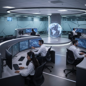 A modern, high-tech BPO call center with diverse agents using headsets and multiple screens, illustrating efficient customer support outsourcing and global connectivity.
