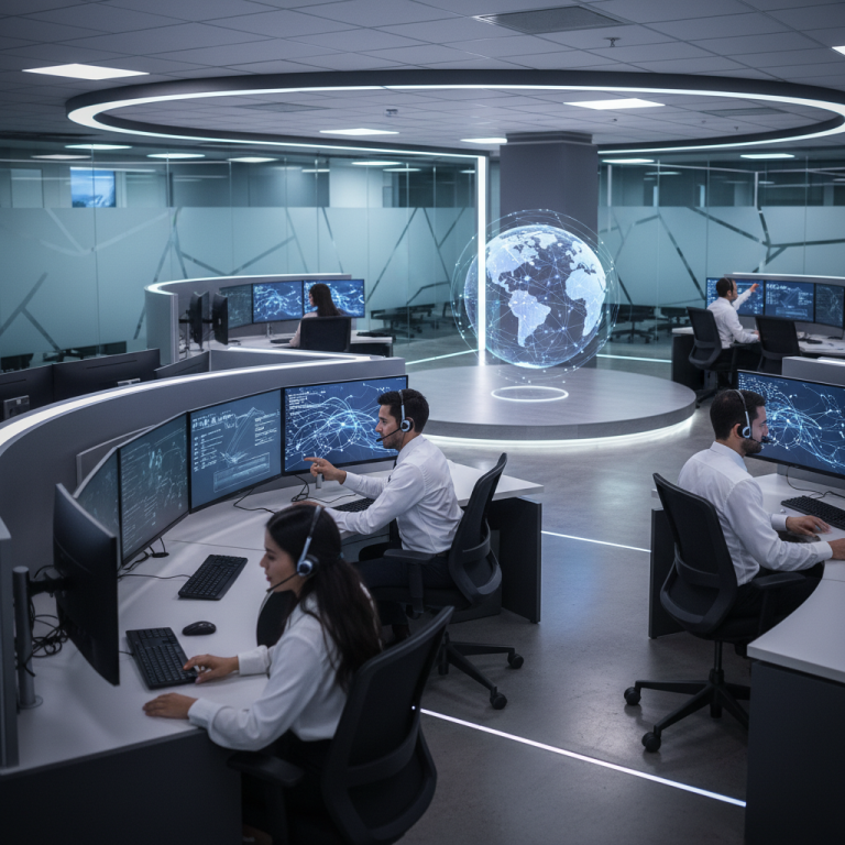 A modern, high-tech BPO call center with diverse agents using headsets and multiple screens, illustrating efficient customer support outsourcing and global connectivity.