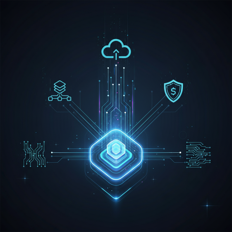 A vibrant digital illustration depicting a central business entity connected by glowing data streams to abstract symbols representing cloud management, cybersecurity, and scalable IT solutions, set against a dark, futuristic background.