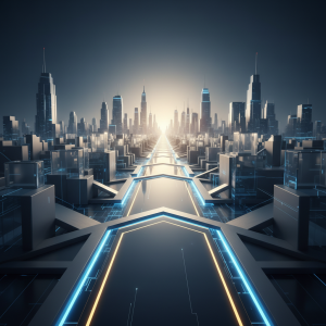 A brightly illuminated, clear path ascending from a complex, intertwined network of abstract lines and shapes, symbolizing successful outsourcing strategies and risk management.