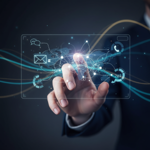 A professional hand interacts with a glowing, holographic digital interface displaying interconnected network nodes and subtle, stylized communication icons, set against a blurred background of abstract digital light trails, symbolizing advanced global contact center outsourcing and multi-channel customer support technology.