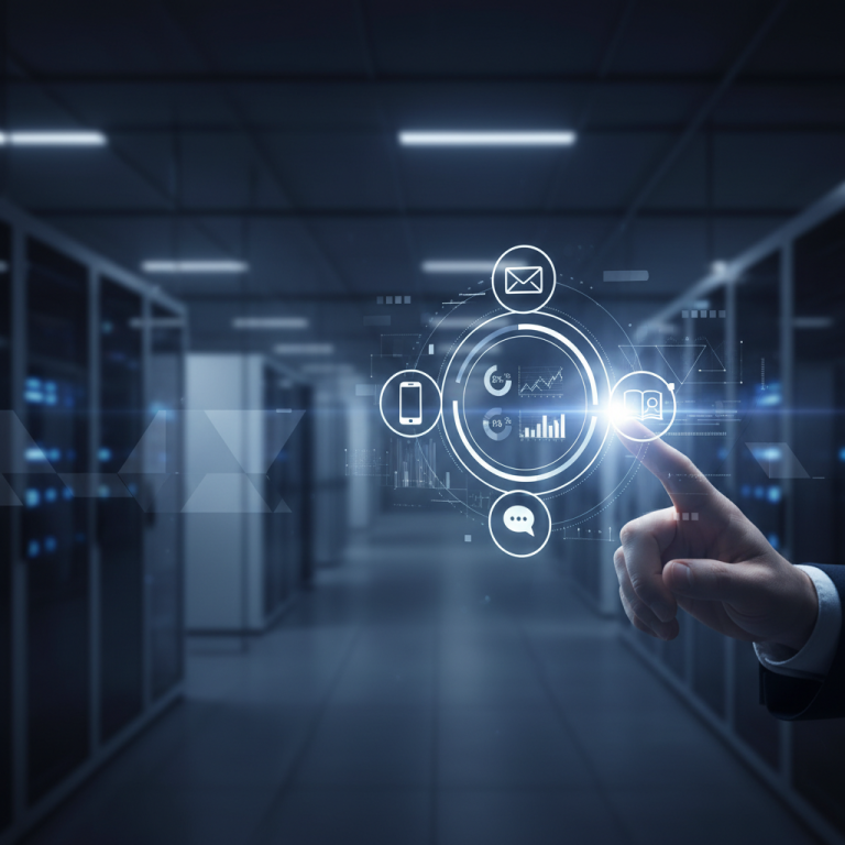 A cinematic and professional image of a glowing holographic interface displaying interconnected communication channels like phone, email, and chat, with data streams flowing into a central hub, representing an omnichannel contact center.