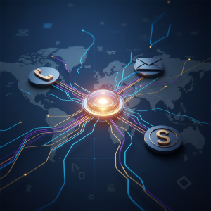A vibrant, glowing central nexus connecting abstract icons representing phone, email, chat, and social media, illustrating seamless omnichannel customer support with subtle multilingual elements.