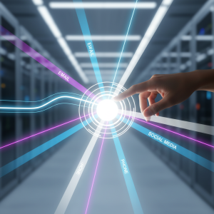 A visually striking network of glowing digital lines representing multiple communication channels converging into a central hub, with a professional hand nearby. It symbolizes integrated multichannel customer support.