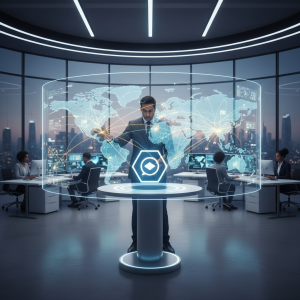 A diverse professional in a sleek, global operations center looks at an interactive display showing seamless multilingual communication across a world map.
