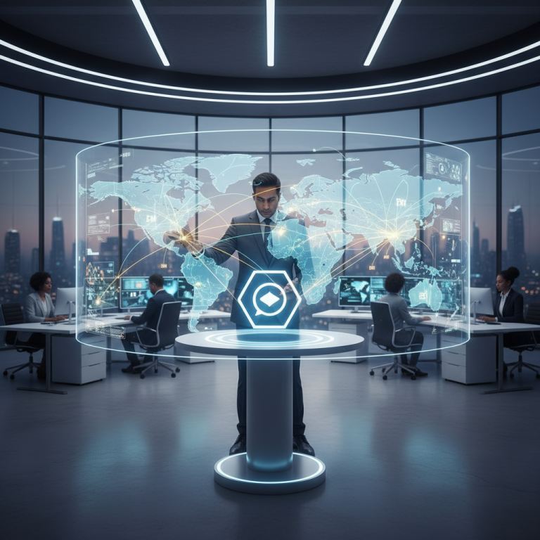A diverse professional in a sleek, global operations center looks at an interactive display showing seamless multilingual communication across a world map.