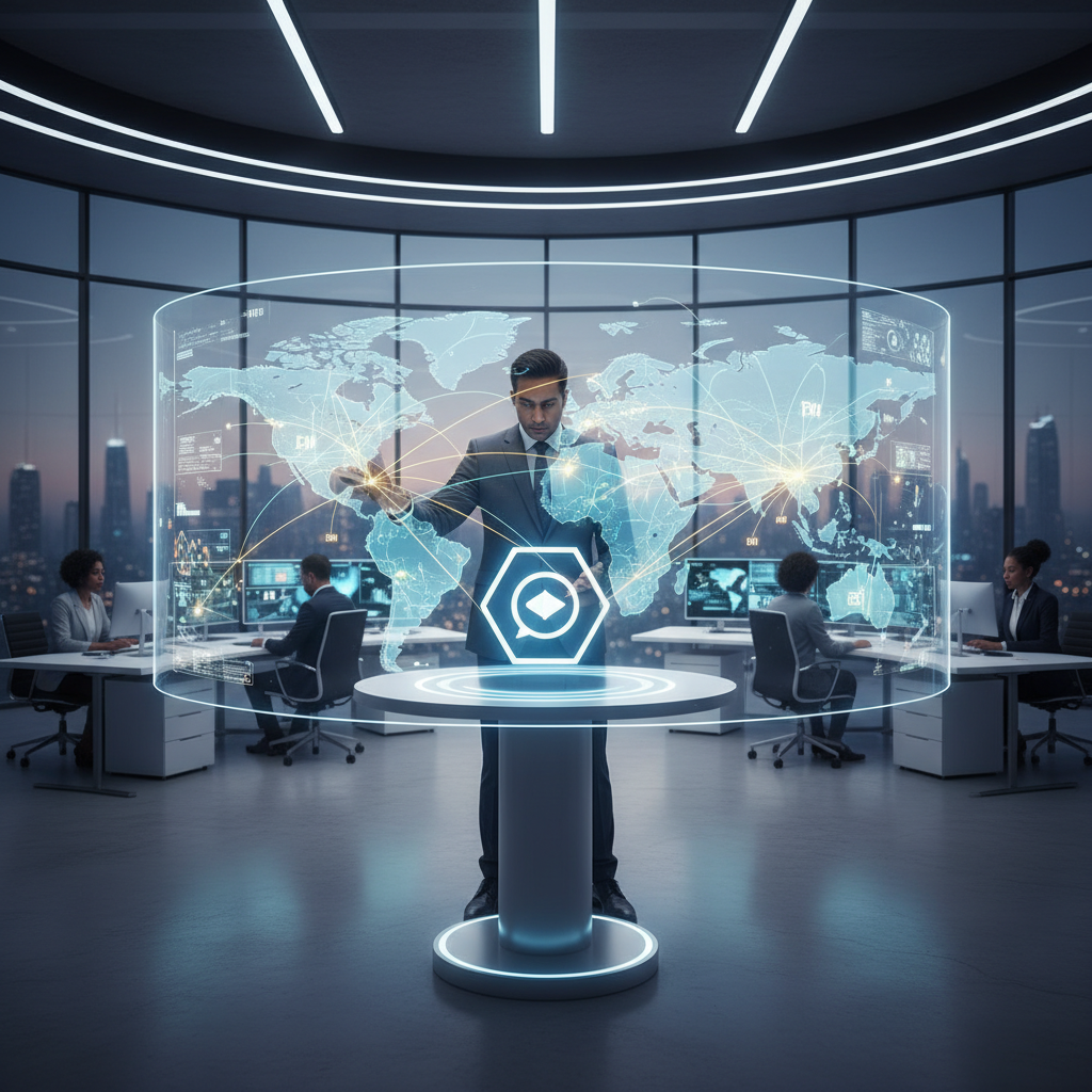 A diverse professional in a sleek, global operations center looks at an interactive display showing seamless multilingual communication across a world map.