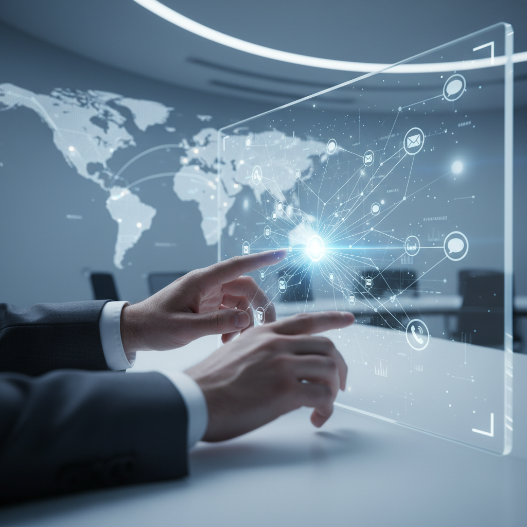 A professional's hands interact with a glowing holographic interface displaying interconnected global communication channels and data flow, symbolizing BPO customer service, strategic outsourcing, and advanced customer support solutions in a modern office.