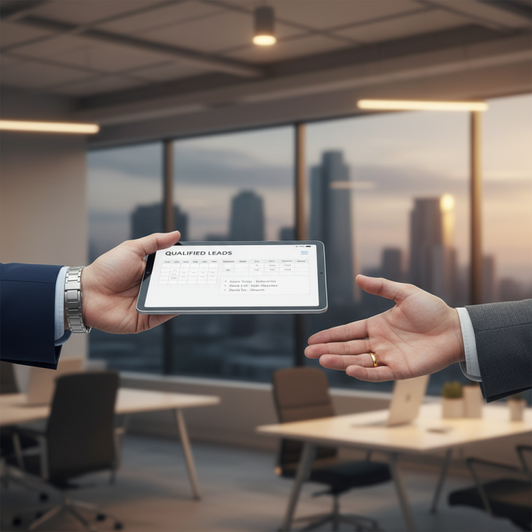 Two professional hands interacting, one presenting a tablet displaying an optimized appointment schedule and lead data, the other reaching to accept, set against a blurred modern B2B office background, symbolizing efficient outsourced appointment setting for sales.
