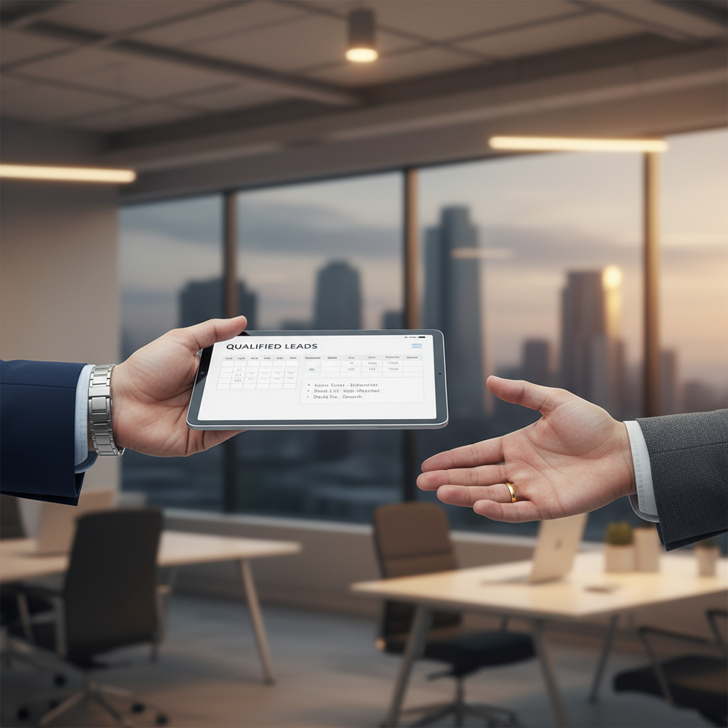 Two professional hands interacting, one presenting a tablet displaying an optimized appointment schedule and lead data, the other reaching to accept, set against a blurred modern B2B office background, symbolizing efficient outsourced appointment setting for sales.