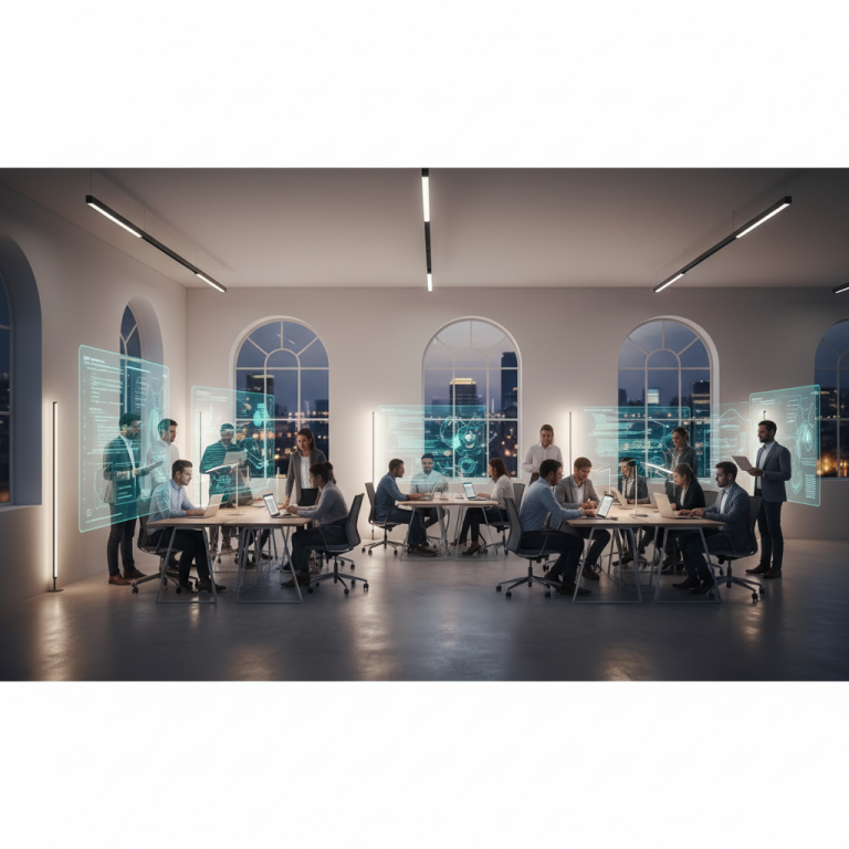 A modern, high-tech office with a diverse team of software engineers collaborating on screens displaying code and data, set against a blurred European city skyline, symbolizing efficient Eastern Europe software development outsourcing.