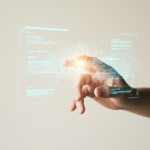 A human hand gently touches a glowing holographic digital interface displaying abstract data patterns, symbolizing the crucial balance between human interaction and AI in customer service.