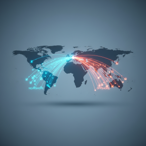 A stylized, illuminated global map with two distinct glowing data pathways: a shorter, integrated pathway representing nearshore outsourcing, and a longer, expansive pathway representing offshore outsourcing, symbolizing global business strategy and connectivity.