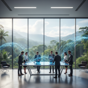 Professionals collaborate in a modern, high-tech office overlooking a lush Costa Rican rainforest, with subtle digital network overlays symbolizing strategic global outsourcing and technological connection.