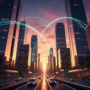 A panoramic view of a modern Latin American city skyline at sunset, featuring sleek skyscrapers and subtle glowing digital lines arcing across the sky, symbolizing global business connectivity and nearshore outsourcing.