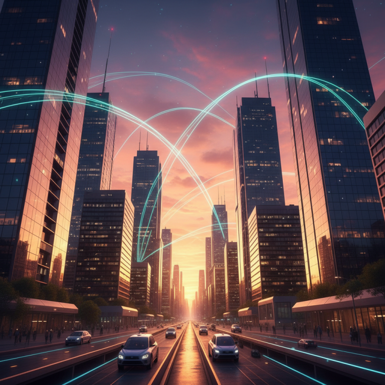 A panoramic view of a modern Latin American city skyline at sunset, featuring sleek skyscrapers and subtle glowing digital lines arcing across the sky, symbolizing global business connectivity and nearshore outsourcing.