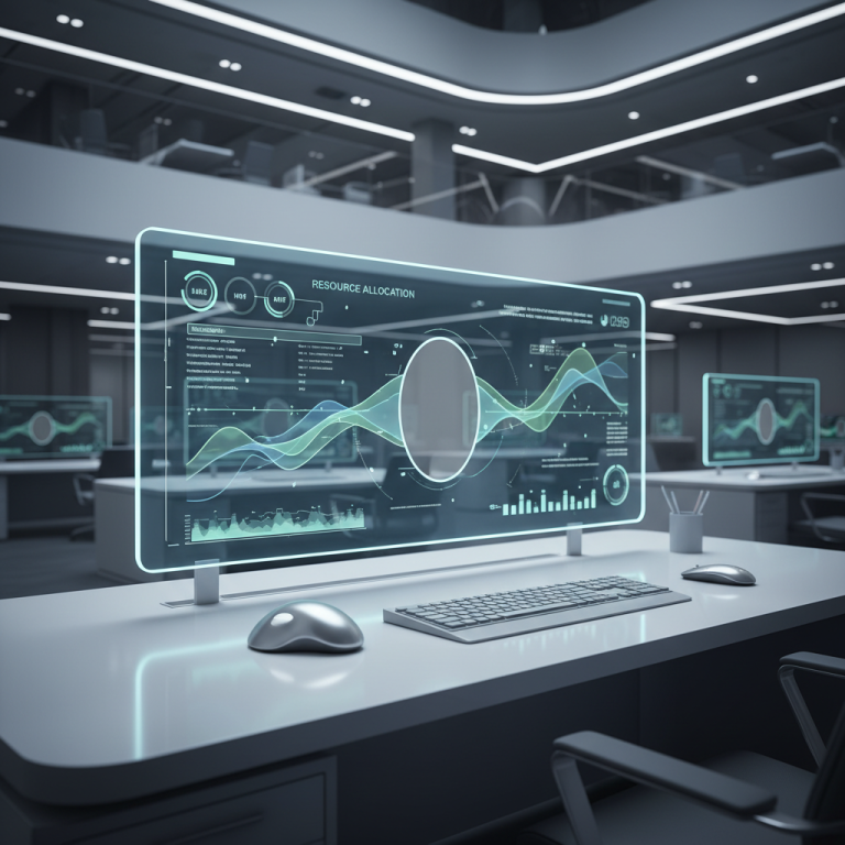 A sophisticated workstation in a modern call center, displaying a translucent screen with a data visualization of a timeline. A distinct empty segment in the timeline visually represents call center shrinkage.