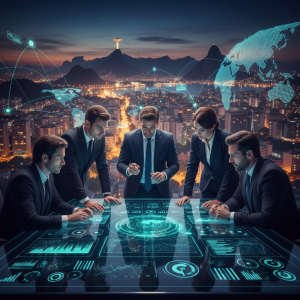 Diverse business professionals collaborating with advanced digital technology, superimposed with global network connections and a subtle modern Brazilian cityscape in the background, representing seamless and skilled outsourcing solutions from Brazil.