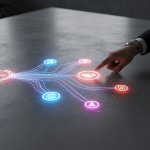 A digital network of glowing data streams rapidly expanding into multiple business connections, symbolizing efficient B2B lead generation outsourcing and scalable growth.