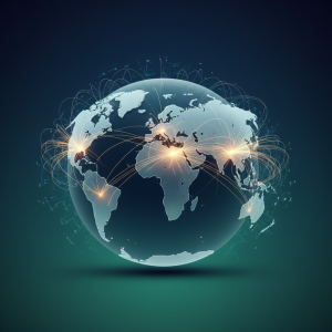 A digital map of the world with glowing data lines connecting different continents, symbolizing global software development outsourcing and technological collaboration.