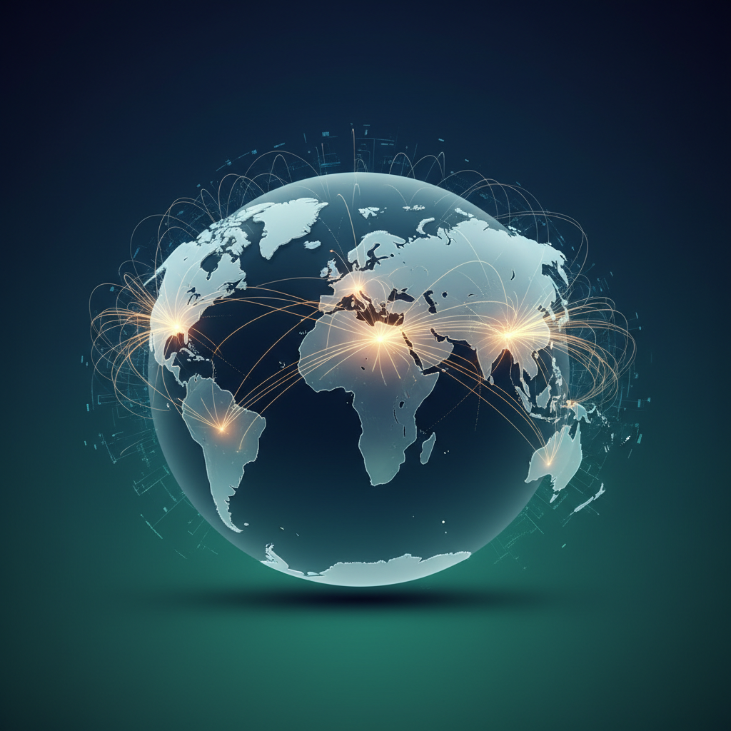 A digital map of the world with glowing data lines connecting different continents, symbolizing global software development outsourcing and technological collaboration.