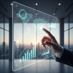 A stylized hand interacts with a luminous digital screen displaying complex financial data, upward-trending graphs, and global network patterns in a modern, high-end corporate setting, symbolizing efficiency and growth.