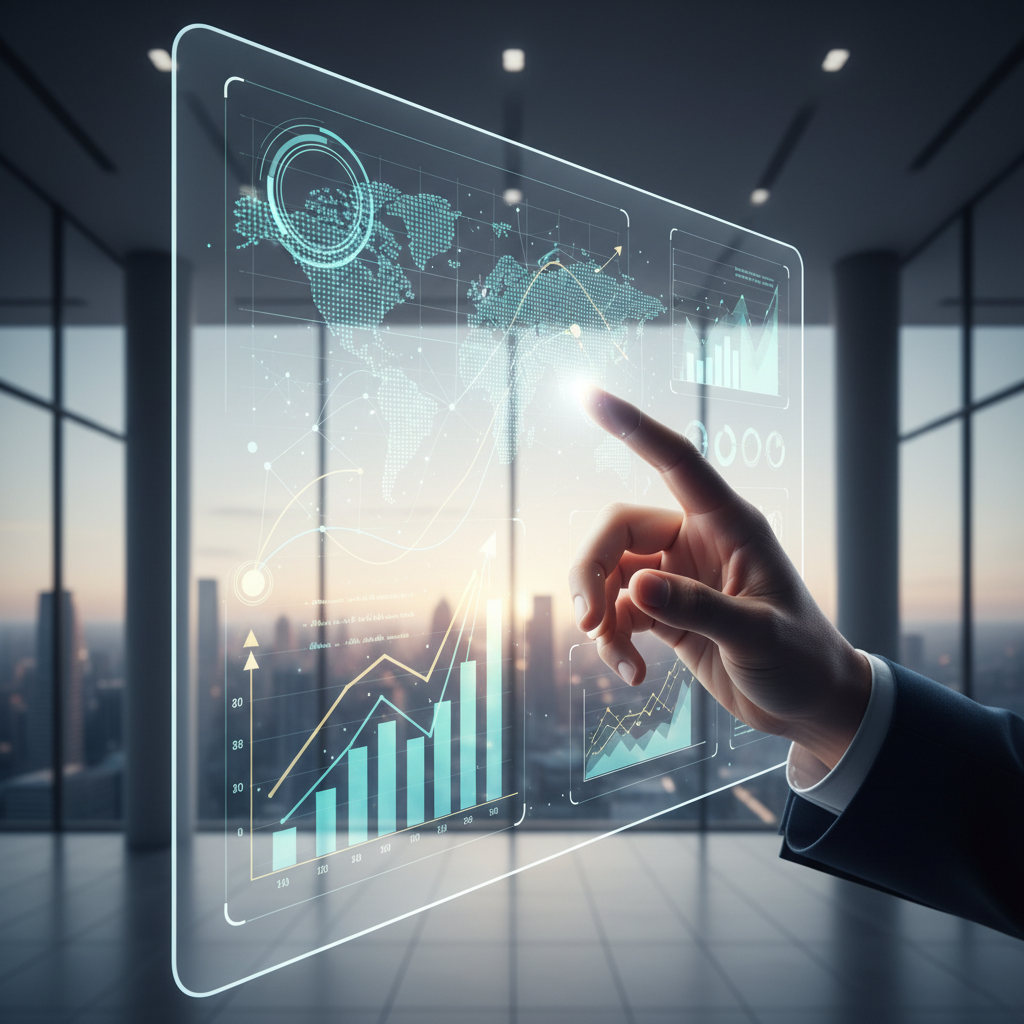 A stylized hand interacts with a luminous digital screen displaying complex financial data, upward-trending graphs, and global network patterns in a modern, high-end corporate setting, symbolizing efficiency and growth.