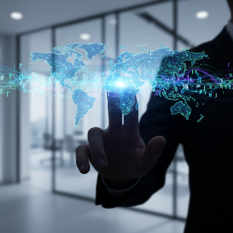 A professional hand reaching towards a glowing, interconnected global network map on a holographic display, symbolizing effective multilingual customer support and global communication strategies.