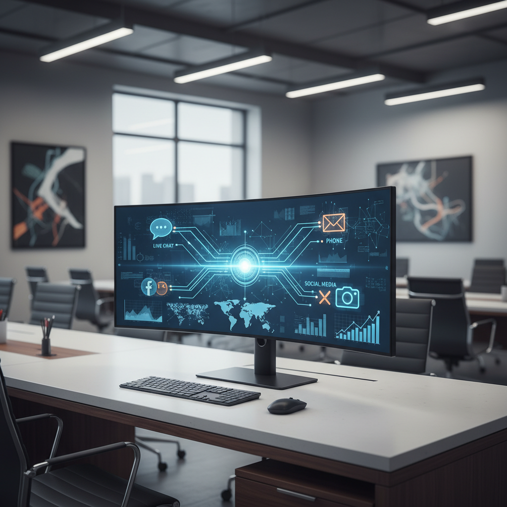 A modern digital dashboard on a sleek monitor displaying interconnected icons for live chat, phone, email, and social media, representing outsourced customer service and omnichannel communication in a professional office setting.