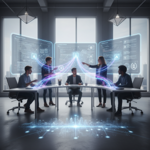 A diverse software development team actively collaborates in a sleek modern office, surrounded by bright screens, with subtle glowing digital lines extending outwards, symbolizing nearshore collaboration and global connectivity.