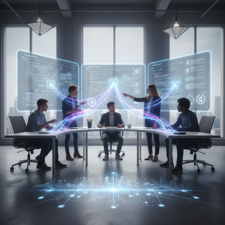 A diverse software development team actively collaborates in a sleek modern office, surrounded by bright screens, with subtle glowing digital lines extending outwards, symbolizing nearshore collaboration and global connectivity.