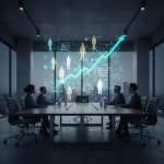 A sleek executive conference table with dynamic holographic projections above, displaying interconnected data networks, diverse human silhouettes, and upward-trending lines, symbolizing future executive talent acquisition strategies and hiring trends.