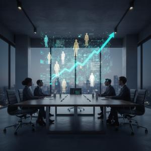 A sleek executive conference table with dynamic holographic projections above, displaying interconnected data networks, diverse human silhouettes, and upward-trending lines, symbolizing future executive talent acquisition strategies and hiring trends.