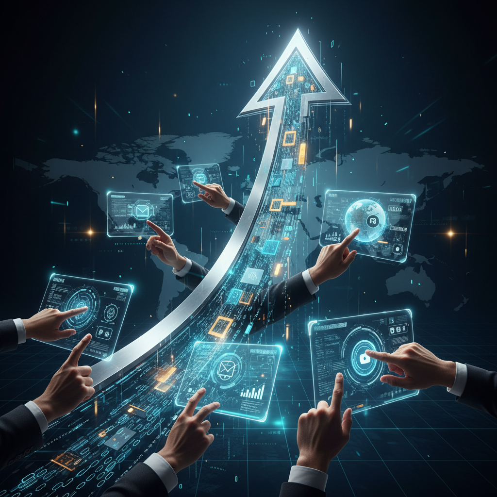 A strong, upward-trending abstract structure of luminous digital streams, symbolizing accelerated business growth, supported by a sophisticated network of professional hands interacting with sleek digital interfaces, representing e-commerce outsourcing.